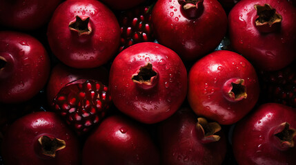 Fresh ripe pomegranades with water drops background. Fruits backdrop. Generative AI - obrazy, fototapety, plakaty