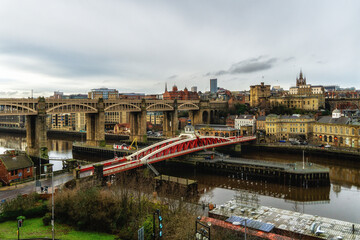 Newcastle-upon-Tyne, England, UK. Swing Bridge in Middle Ground, High Level Bridge in Background,...
