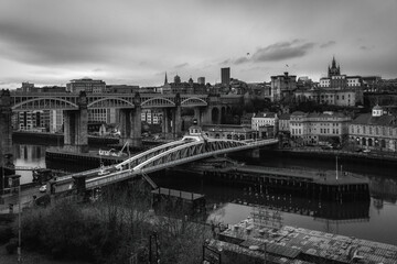 Newcastle-upon-Tyne, England, UK. Swing Bridge in Middle Ground, High Level Bridge in Background,...