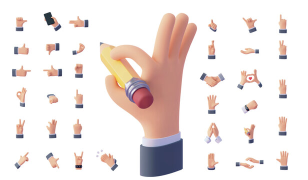 Vector hand gesture set. Cartoon hands with different gestures and poses. Fingers and palm, hand communication, signs. Pointing, touching, hand heart, holding smartphone