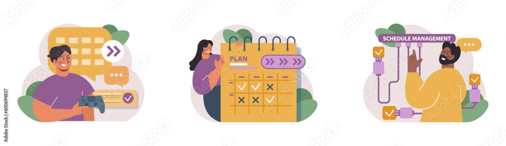 Poster schedule management set. character planning or checking task