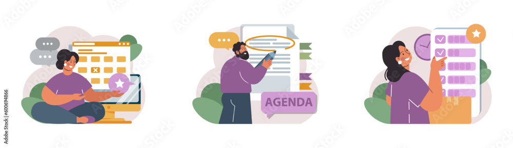 Poster schedule management set. character planning or checking task