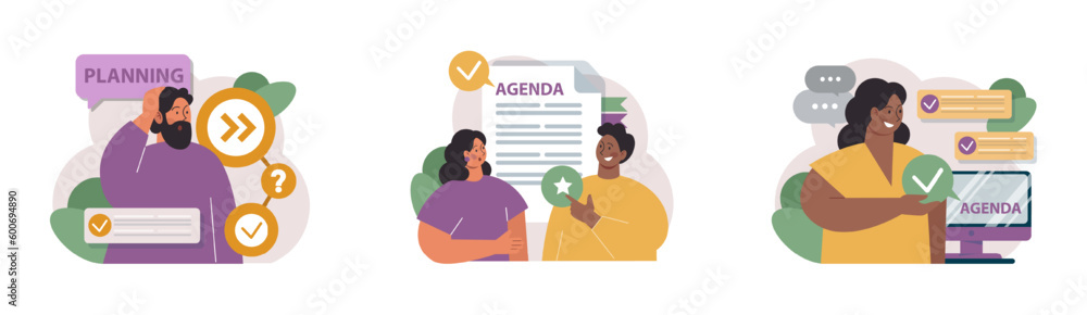 Poster schedule management set. character planning or checking task
