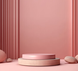 Pastel pink podium in minimalist concept background. With copy text space. Mock up template for product presentation	3D rendering
