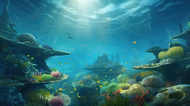 A watery planet with endless oceans, deep and mysterious trenches generative ai