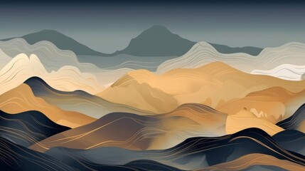 Mountain background. Minimal landscape art with watercolor brush and golden line.