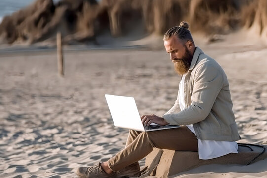 Ein Mann nutzt Laptop auf dem Strand. Generiert mit KI