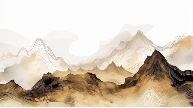 Mountain background. Minimal landscape art with watercolor brush and golden line. AI generative.