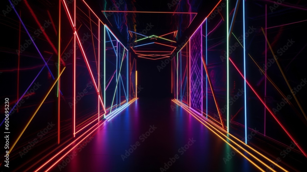 Poster neon lights a laser display glowing lines an abstract background. ai generative.