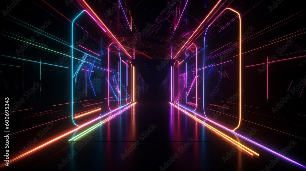 Poster neon lights a laser display glowing lines an abstract background. ai generative.