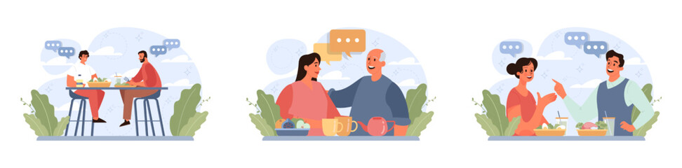 People cooking and eating healthy food set. Family following diet recipes