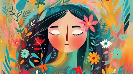 children book, illustration of pretty girl in flower garden, Generative Ai