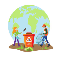 People sort garbage by type into containers for recycling. Ecology concept. Flat vector illustration. Care garbage separation people sorting garbage, eco containers, separate waste for taking care .