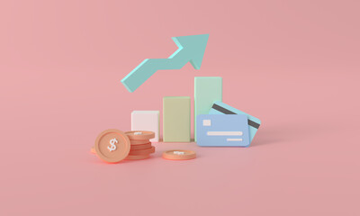 Digital Savings: 3D Rendering of Credit Card with Coins on pastel pink Background - Illustrating the Concept of a Cashless Society and Money-Saving. Earning income is increasing with graph.