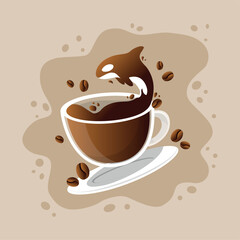 Illustration of a cup of coffee with splashes resembling killer whales. The splashes are done in shades of brown, giving the impression of movement and dynamism. The feeling of warmth and comfort