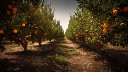 Orange trees background. AI generative.
