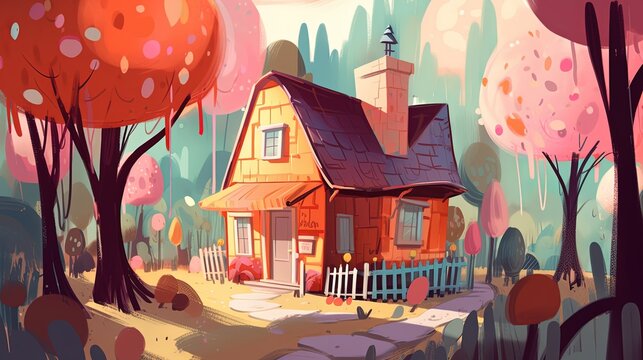 illustration of candy house, dessert home village in colorful pastel tone color, idea for children book scenery, generative Ai