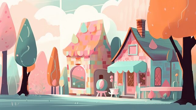 illustration of candy house, dessert home village in colorful pastel tone color, idea for children book scenery, generative Ai