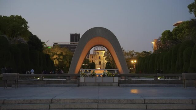 Hiroshima Peace Park, Eternal Flame Burning with Atomic Dome in Background
