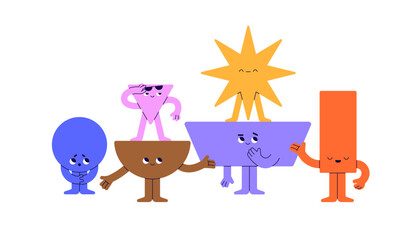 Geometric shapes team with star leader. Geometry figures, kids characters with different roles in teamwork. Psychology concept. Childish flat graphic vector illustration isolated on white background