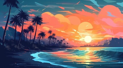 Fototapeta na wymiar Palms spanning the sea at sunset. Blue background with sun. AI generative.