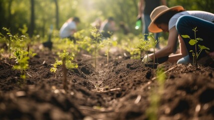 People planting trees or working in community garden. AI generative.