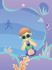 underwater illustration with someone who is diving and photographing underwater beauty