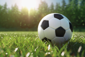 Fototapeta premium Classic soccer ball lies on the green grass in the sun. Soccer game, sports equipment, outdoor sports. Generated by AI