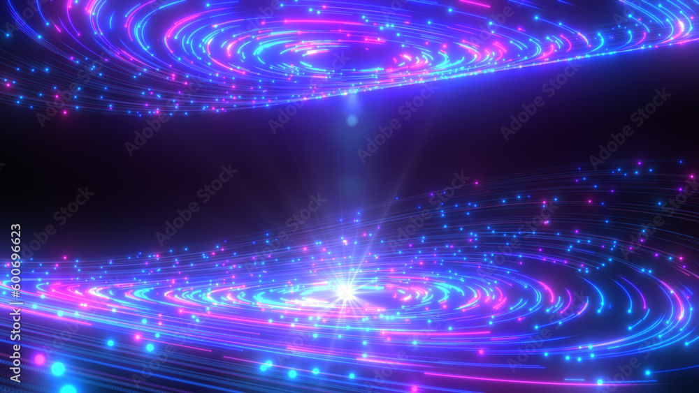 Poster multicolor neon light lines circles rotating abstract background with colors and the light shine bea