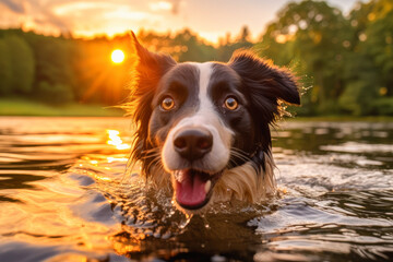 border collie dog  in a water, lake. Ai generative - obrazy, fototapety, plakaty