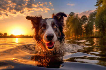 border collie dog  in a water, lake. Ai generative