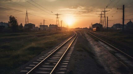 Fototapeta na wymiar Railway and sunset. AI generative.