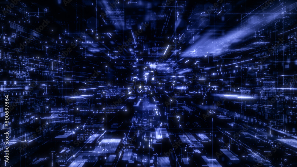 Poster High Speed Connection and Data Analysis Technology Digital Background Concept, Digital Cyberspace with Particles and Digital Data Network Connections 3d Rendering