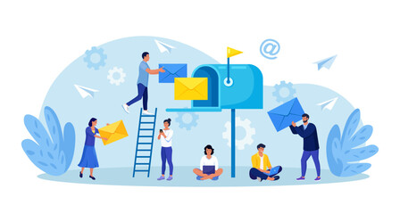 Mail service and correspondence delivery. People receiving, sending letters, sorting documents. New incoming sms, e-mail message. Retro mailbox with envelopes. Spam in social network chat