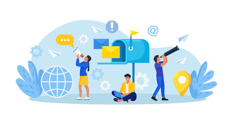 Obraz premium Mail Service, Correspondence Delivery. People Receiving, Sending Letters, Sorting Documents. New Incoming SMS, E-mail Message. Retro Mailbox with Envelopes. E-mail Marketing. Spam in Social Network