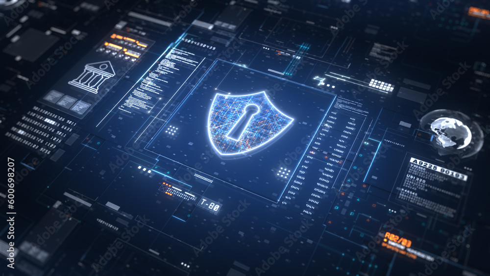 Poster hud and shield icon cyber security, hi-tech digital display holographic information, digital cybersp