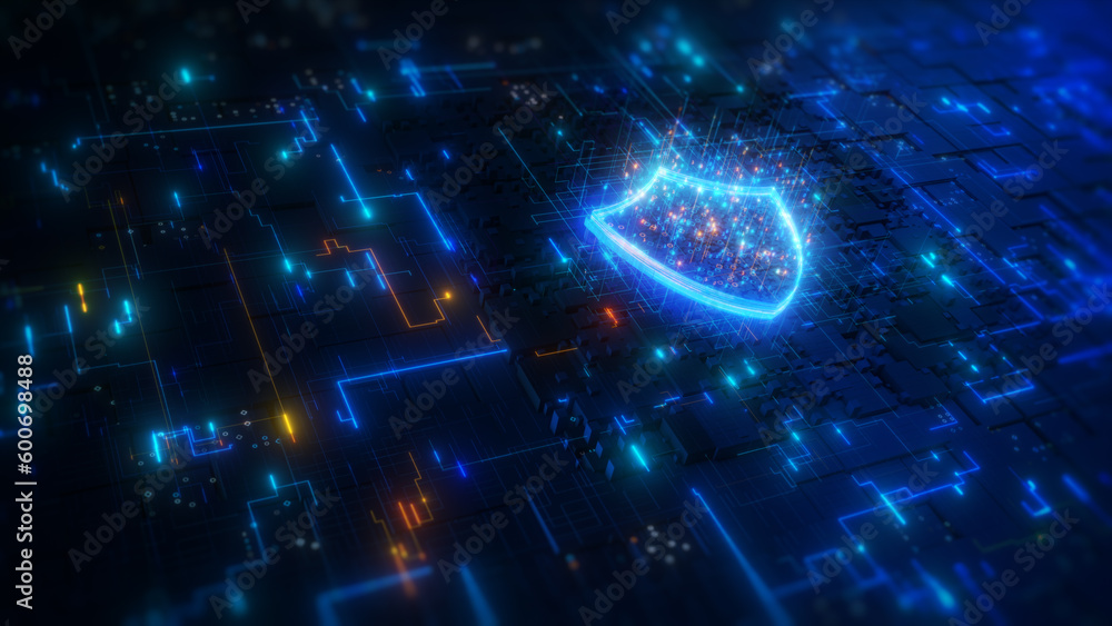 Aufkleber technology digital data protection abstract background, shield icon cyber security, hi-tech digital 