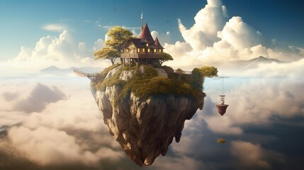 Floating high fantasy island with little cabin and trees in the sky generative ai