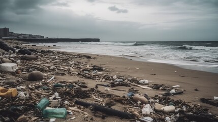 Fototapeta na wymiar Sandy ocean shore with a lot of garbage plastic bottles. Ai generative.