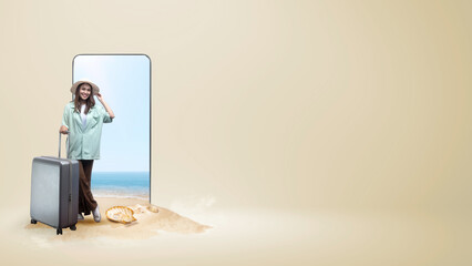 Asian woman with a hat and suitcase standing in front of a mobile phone screen