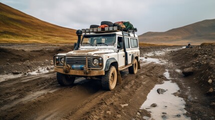 A rugged four-wheel-drive vehicle powers through challenging terrain, carrying humanitarian aid and supplies to those in crisis. AI-Generated