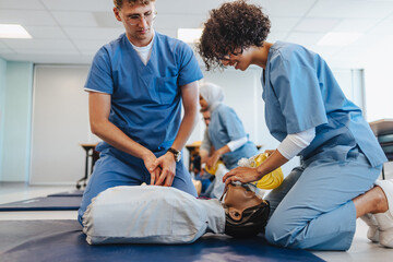 Simulation based medical training: Nursing students practicing bag valve mask ventilation on a CPR dummy