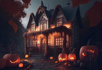 Fototapeta halloween decorated house with pumpkins. 3d rendering , .highly detailed,   cinematic shot   photo taken by sony   incredibly detailed, sharpen details   highly realistic   professional photography li obraz