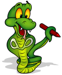 Green Funny Cobra Holding a Red Wax Crayon