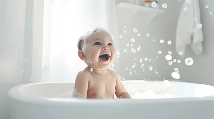 Fototapeten a baby happy bath time, a child laughing in bath tub, Generative Ai © QuietWord