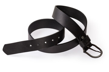 Black leather belt with semicircular frame buckle on white background