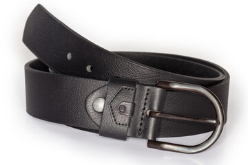 Black leather belt with semicircular frame buckle on white surface