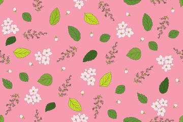 Illustration of pink flower with leaves on pink background.