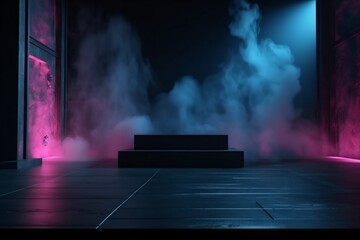 blue fog neon rays abstract room background space light smoke stage. Generative AI.
