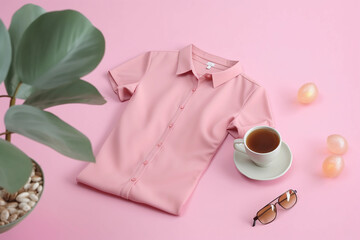 Pink shirt and a cup of tea on a pink background AI generation